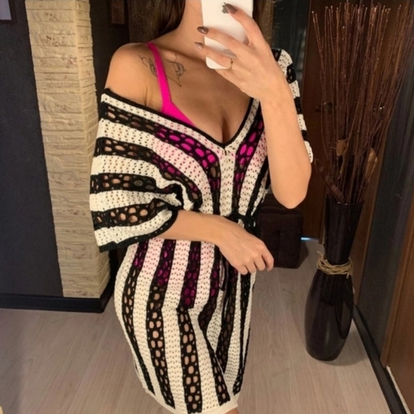 Black and White Crochet Mini Dress Cover Up - Picture 5 of 9